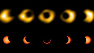 This composite shows radio images of the recent annular eclipse on top, with illustrations of their visible-light counterparts below.
