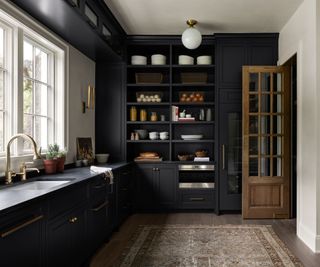 moody kitchen with black color-drenched cabinets