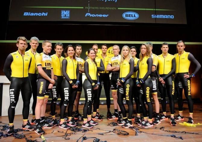 The 2015 LottoNL-Jumbo team kit is modelled by the cycling and speed skating teams