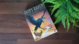 Odin's Ravens box laid out on a wooden surface near a fake plant