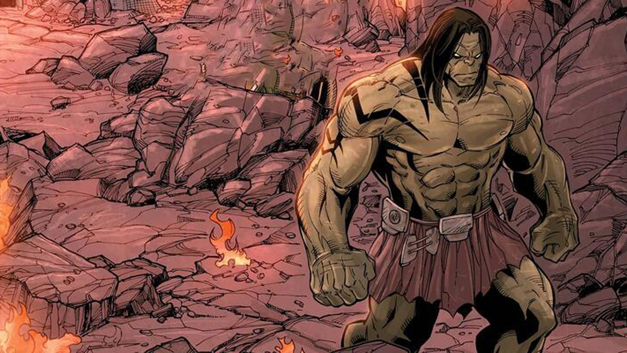 Skaar caminha em um terreno rochoso em uma captura de tela de uma de suas edições de quadrinhos da Marvel