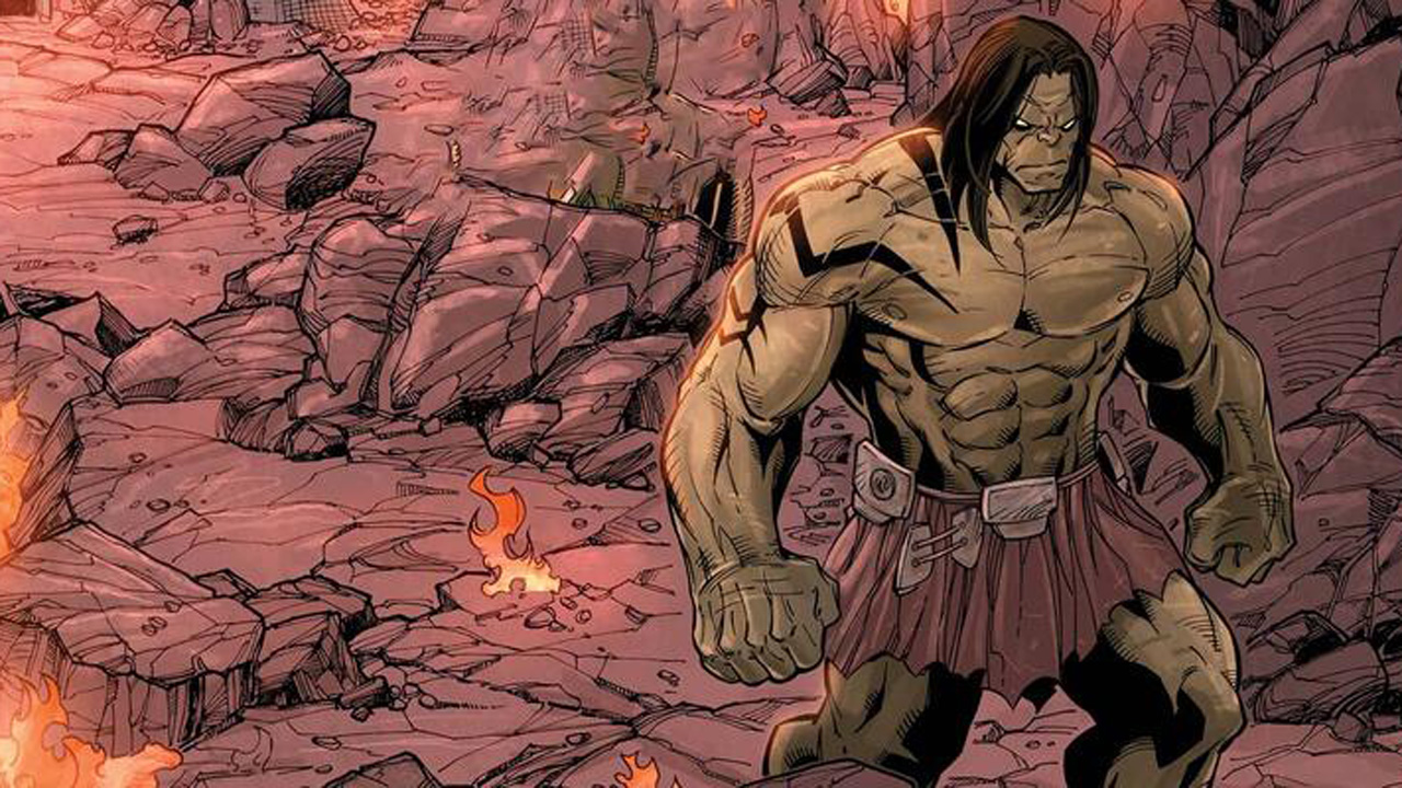 Skaar camina sobre un terreno rocoso en una captura de pantalla de uno de sus cómics de Marvel.