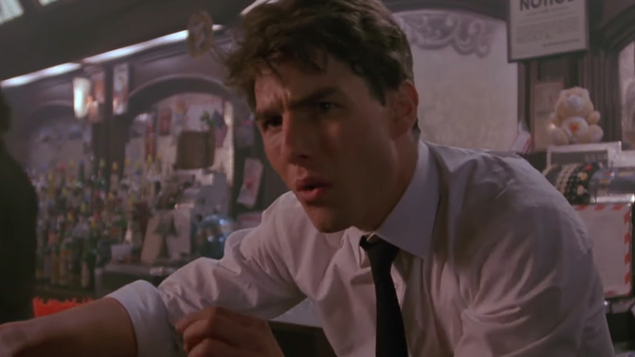 Tom Cruise looking confused while bartending in Cocktail Cocktail