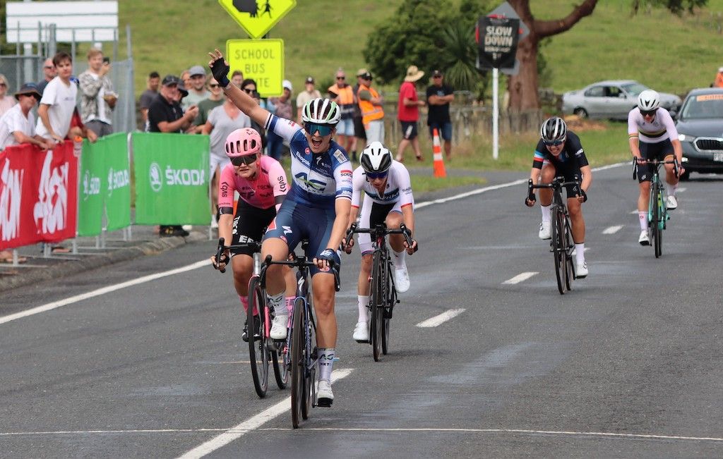 Ally Wollaston (AG Insurance-Soudal QuickStep) takes victory in the combined U23/elite women&#039;s road race at the New Zealand Road National Championships 2023 ahead of Georgia Williams (EF Education-Tibco-SVB)