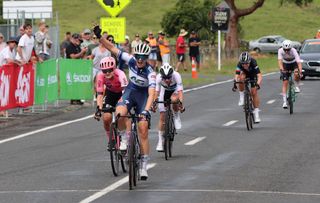 Ally Wollaston (AG Insurance-Soudal QuickStep) takes victory in the combined U23/elite women's road race at the New Zealand Road National Championships 2023 ahead of Georgia Williams (EF Education-Tibco-SVB)