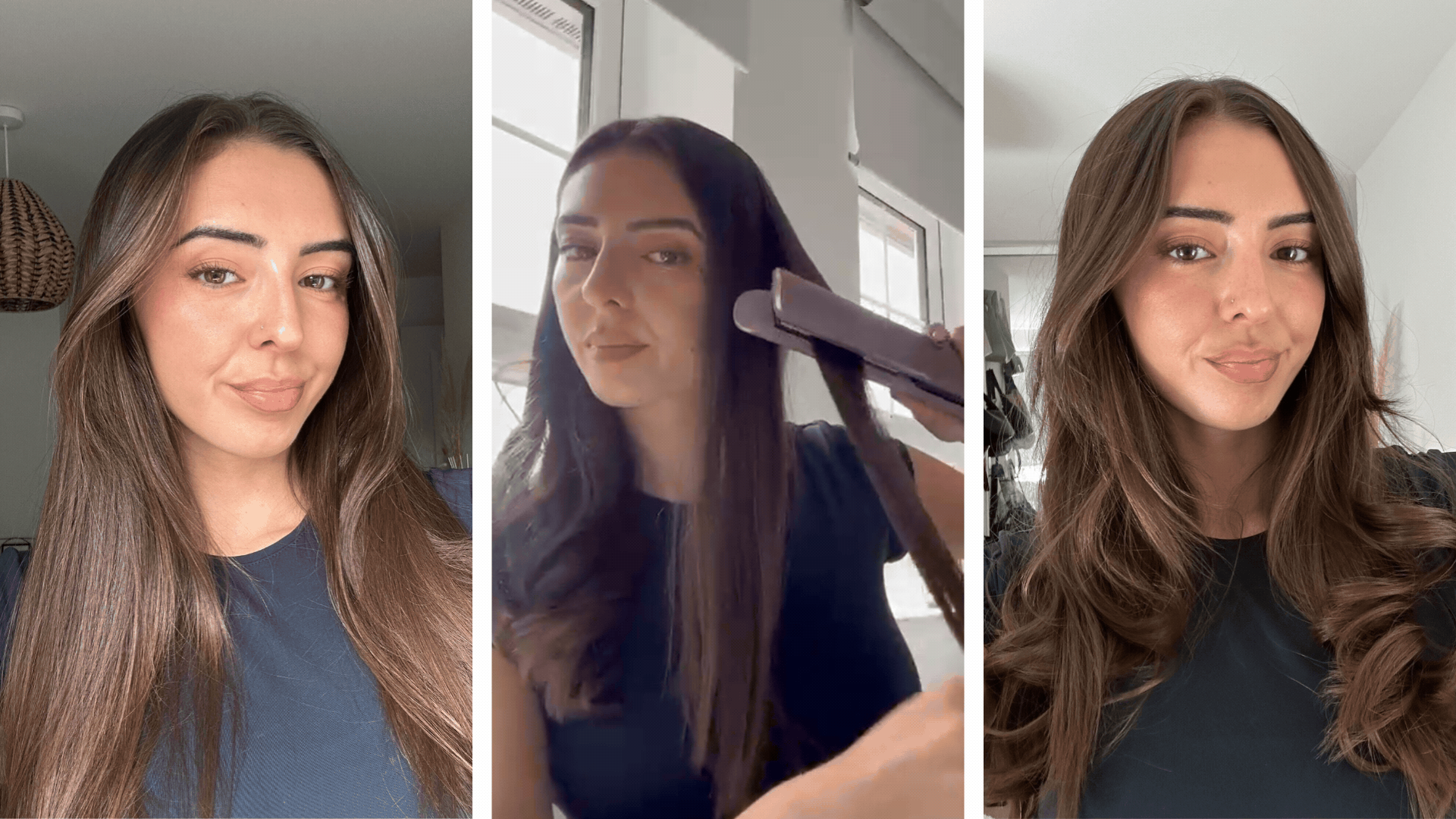 On the left is a before picture of Digital Beauty Writer Sennen Prickett's hair before adding waves, followed by a GIF of how she uses the Remington AIRVIVE straighteners and on the right, her wavy hair afterwards.