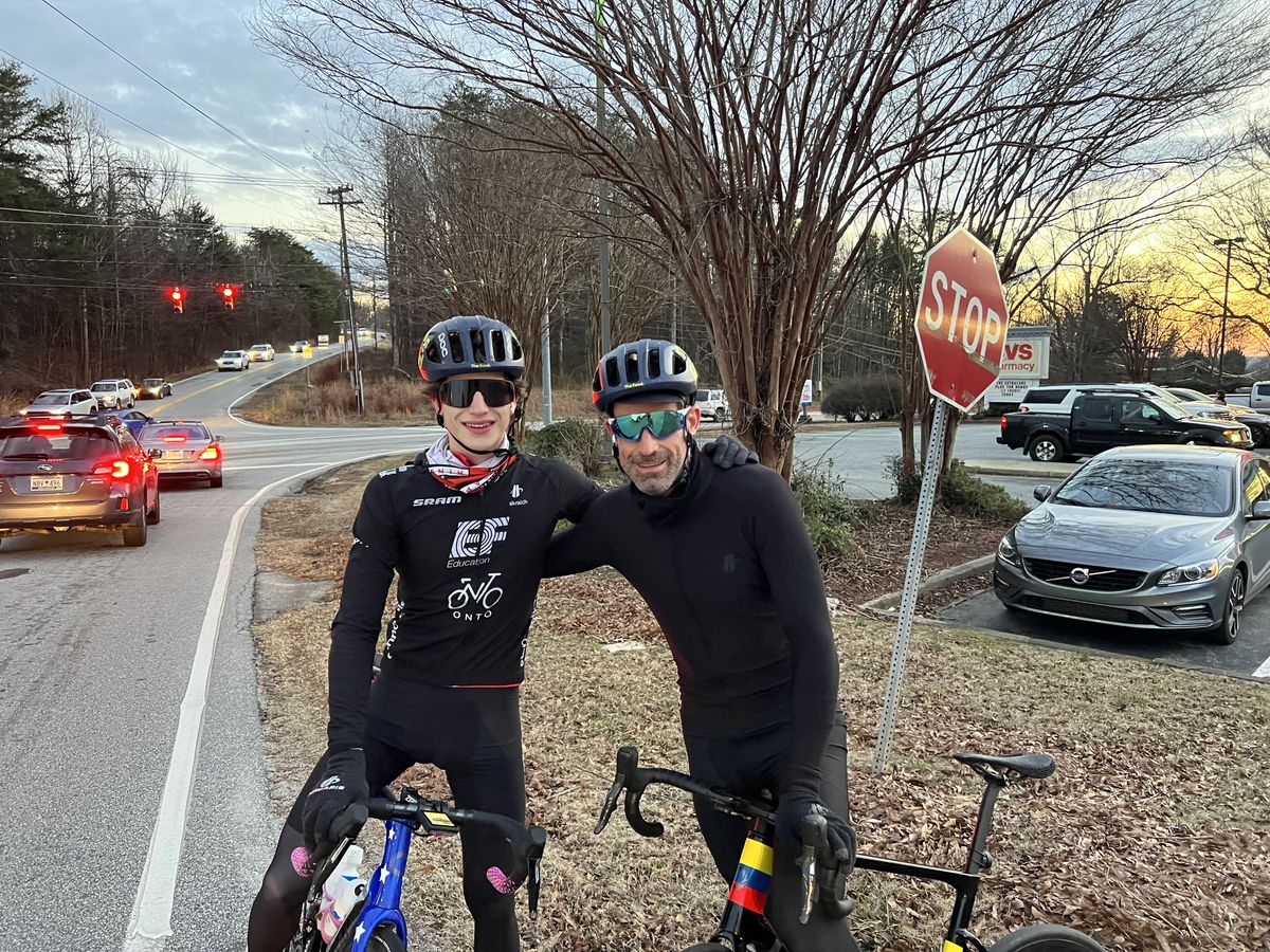 Enzo and George Hincapie on a training ride in Greenville, South Carolina