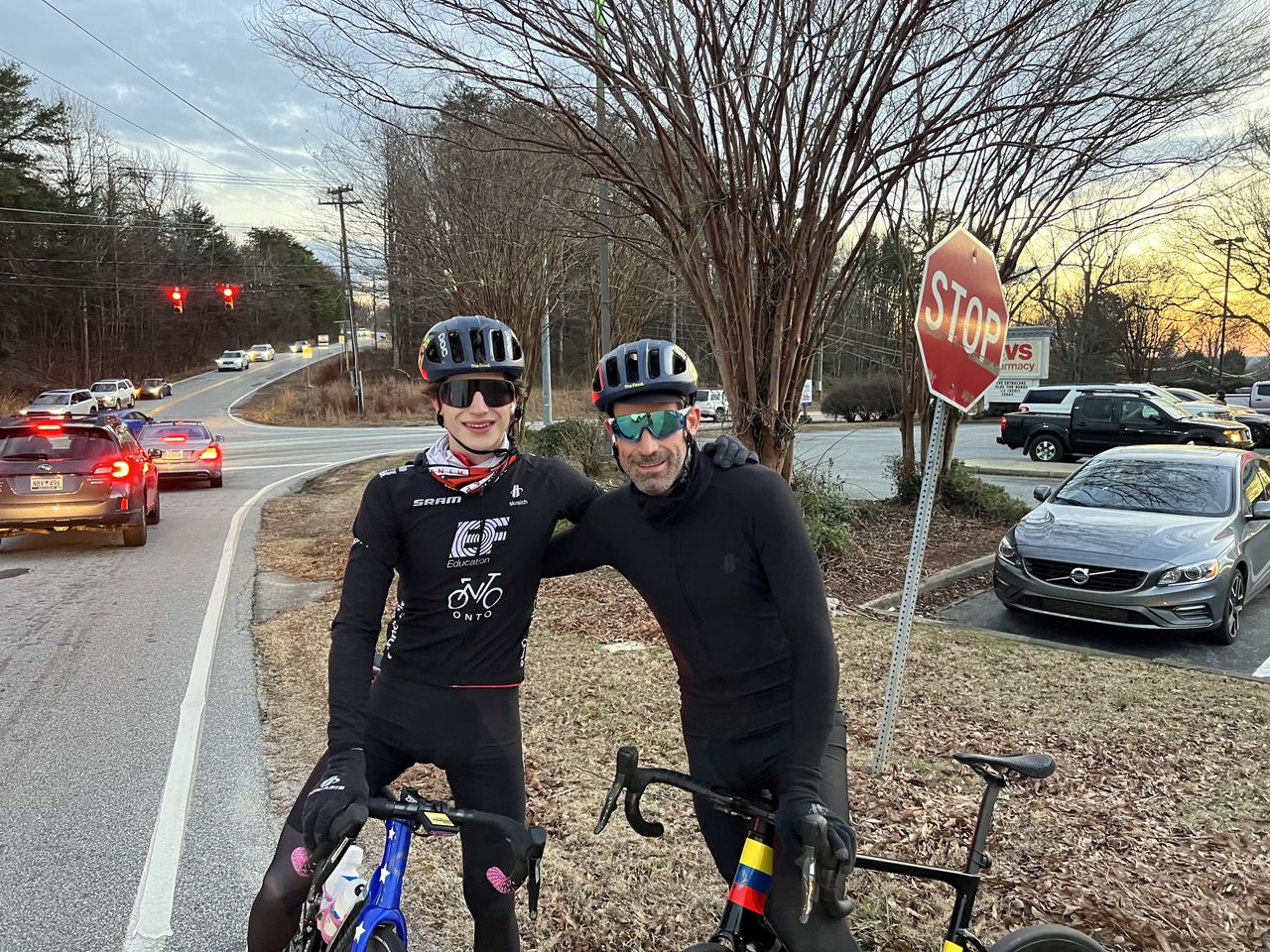 Enzo and George Hincapie on a training ride in Greenville, South Carolina