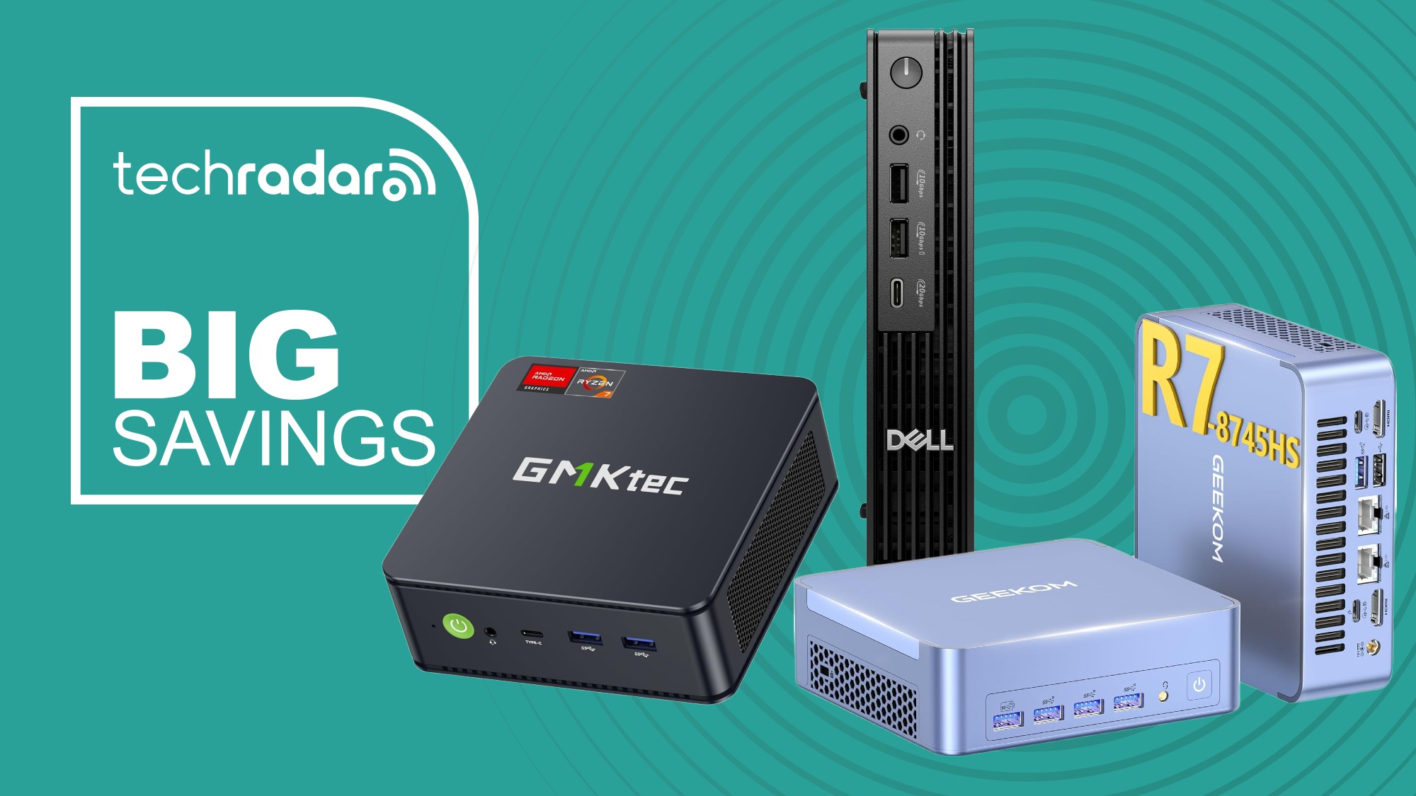 Mini PCs from Dell, GMKtec, and Geekom on a green background next to a TechRadar badge that reads 'Big Savings'
