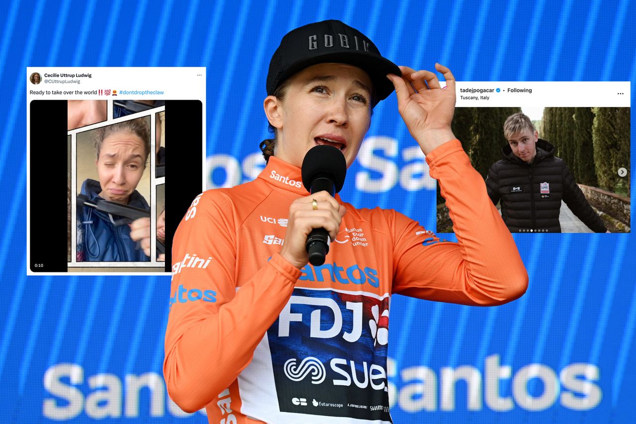 Cecilie Uttrup Ludwig in an orange jersey with a tweet and an instagram embedded on the picture