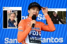Cecilie Uttrup Ludwig in an orange jersey with a tweet and an instagram embedded on the picture