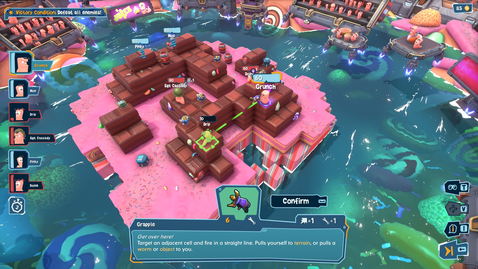 Worm Grunch aims a grapple at Drop in Worms: Galactic Tactics on a birthday cake battlefield within a watery arena