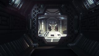 Screenshot from the space horror video game Alien: Isolation showing the inside corridor of a spaceship.