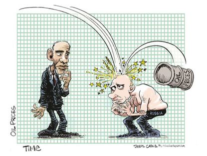 Political cartoon world Obama Putin falling oil prices