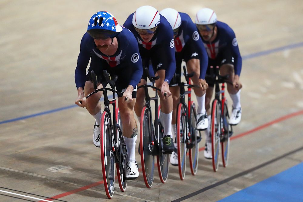 Gavin Hoover, Ashton Lambie, Colby Lange and Eric Young of USA compete in the men's pursuit qualifying on day one of the UCI Track Cycling World Championships