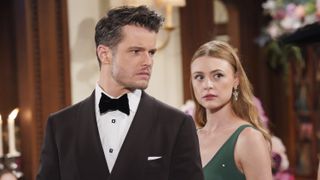 Michael Mealor as Kyle Abbott and Hayley Erin as Claire Grace in formal wear on The Young and the Restless 