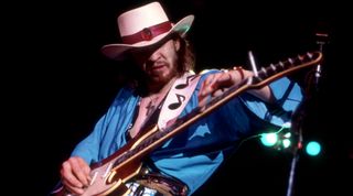 American singer, songwriter and blues-rock guitar great, Stevie Ray Vaughan (1954-1990) performing during his "Soul to Soul" world tour, on August 12, 1985, in Albany, NY.