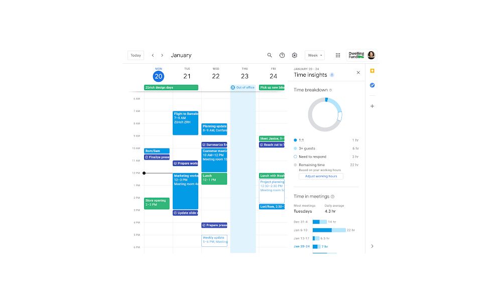 Google Calendar screenshot with new Time Insights features