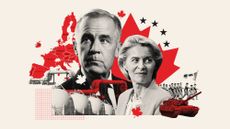 Photo collage illustration of Mark Carney, Ursula von der Leyen, LNG pipelines, military and a map of the EU nations