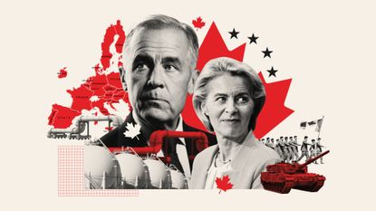 Photo collage illustration of Mark Carney, Ursula von der Leyen, LNG pipelines, military and a map of the EU nations