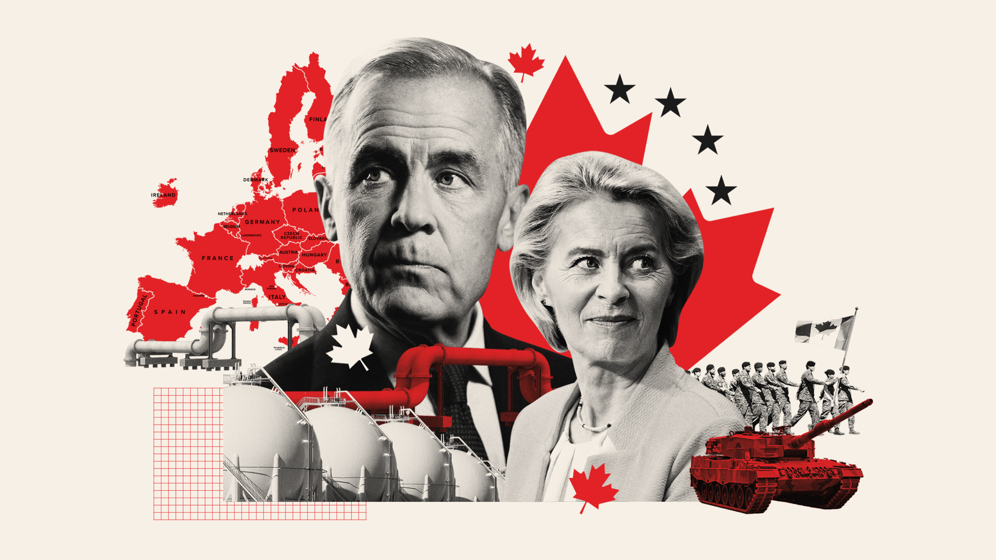 Photo collage illustration of Mark Carney, Ursula von der Leyen, LNG pipelines, military and a map of the EU nations