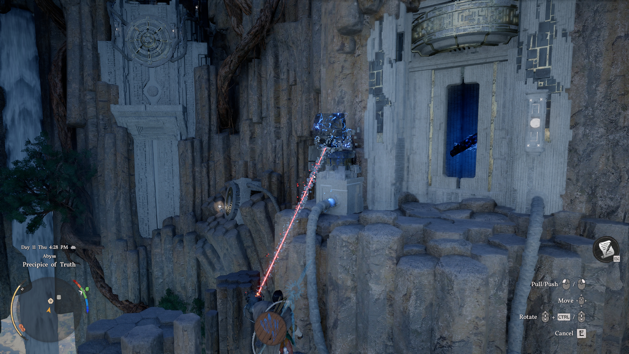 Crimson Desert Precipice of Truth: Kliff using Axiom Force to move a rock to the correct position next to a cube.