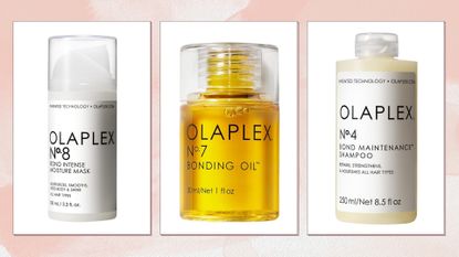 Collage of Olaplex products (L-R) Olaplex No.8, Olaplex No.7 and Olaplex No.4, on a pink watercolour background