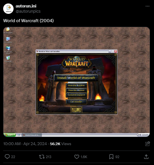 A post that shares the installer for World of Warcraft as it was back in the day.