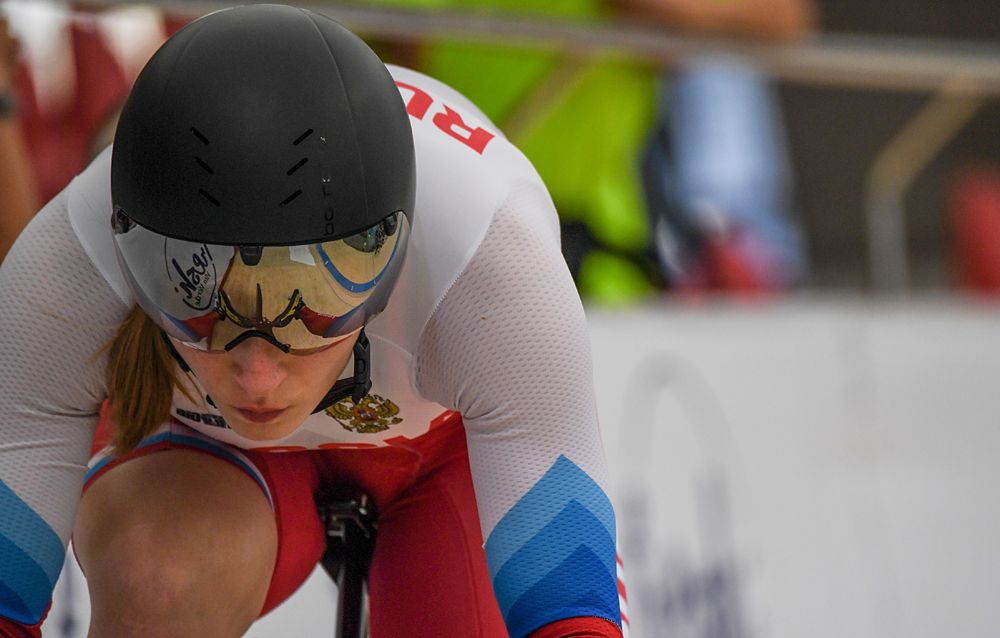 Russia's Marina Averina competes in the women's 200m sprint during the Tissot UCI Track Cycling World Cup
