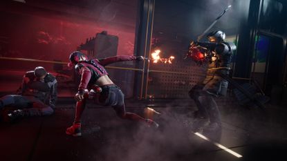 Press shot for SPINE showing the main protagonist using Gun Fu to shoot a sword-wielding enemy behind them