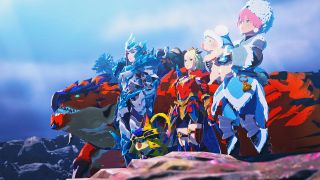 A team of colorful fantasy heroes stands on a rocky ledge before a massive red-and-black beast, beneath a bright blue sky; the scene feels epic and adventurous.