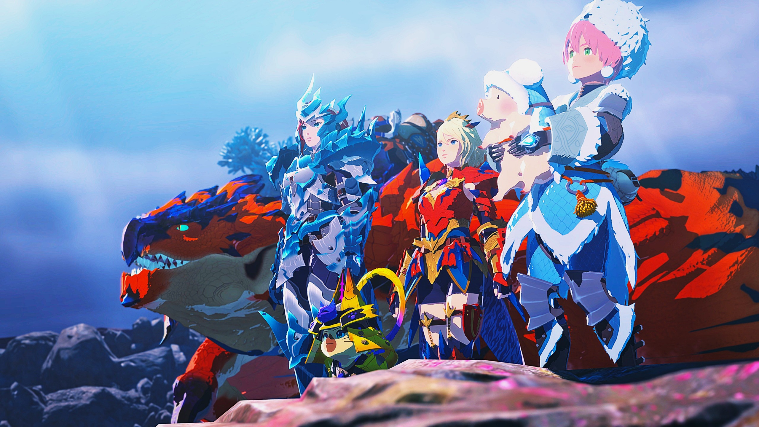 A team of colorful fantasy heroes stands on a rocky ledge before a massive red-and-black beast, beneath a bright blue sky; the scene feels epic and adventurous.