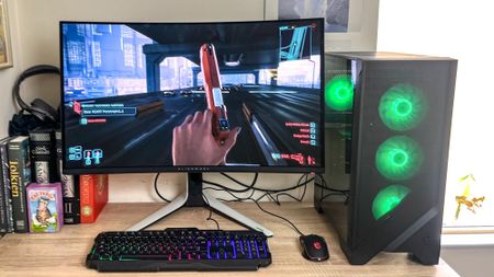 MSI Codex R2 gaming pc on a desk playing Cyberpunk 2077