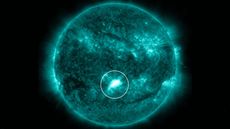 A picture of the sun with the new solar flare circled