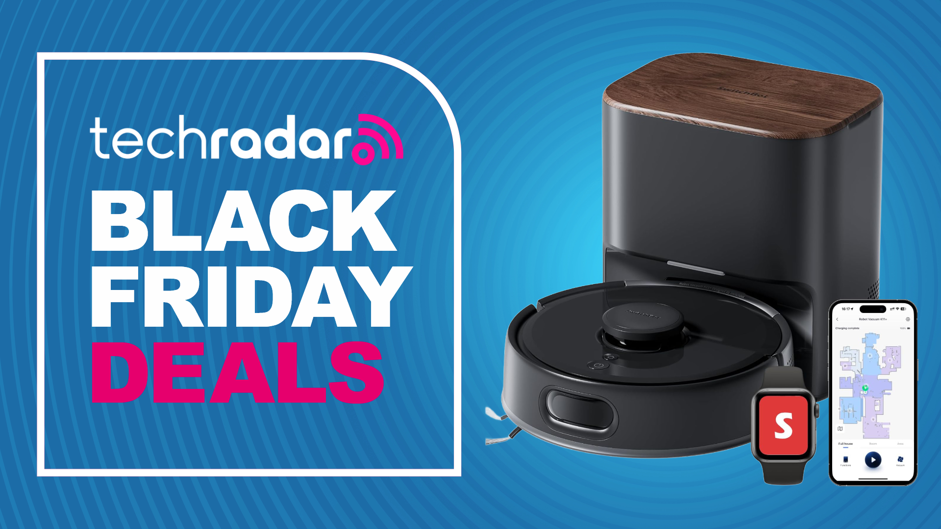 The SwitchBot K11+ is pictured against a blue background next to a badge that reads &quot;Tech Radar Black Friday Deals&quot;.