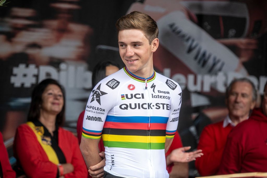 Belgian Remco Evenepoel pictured on the podium at the celebration of world champion Evenepoel in Dilbeek and start of a big bike ride to Brussels Sunday 02 October 2022 22 years old Evenepoel from Schepdael Dilbeek became world champion after a great season with a win at the Vuelta first Belgian in 44 years to win a big tour BELGA PHOTO HATIM KAGHAT Photo by HATIM KAGHAT BELGA MAG Belga via AFP Photo by HATIM KAGHATBELGA MAGAFP via Getty Images