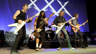 Metallica's James Hetfield, Robert Trujillo, Diamond Head's Brian Tatler, and Kirk Hammett at Day One of the bands' 30th Anniversary shows at The Fillmore on December 5, 2011 in San Francisco
