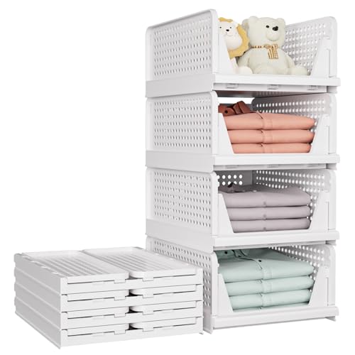 Snslxh 5 Pack Stackable Closet Storage Basket, Multifunctional & Foldable Closet Organizer for Bathroom Kitchen Laundry Room Wardrobe Storage, Space-Saving Clothes Storage Drawer Organizer, White