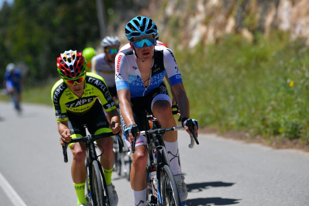 FOIA PORTUGAL MAY 06 Joseph Laverick of United Kingdom and Team Hagens BermanAxeon in the Breakaway during the 47th Volta Ao Algarve 2021 Stage 2 a 1828km stage from Sagres to Fia 890m VoltAlgarve VAlgarve2021 on May 06 2021 in Fia Portugal Photo by Luc ClaessenGetty Images