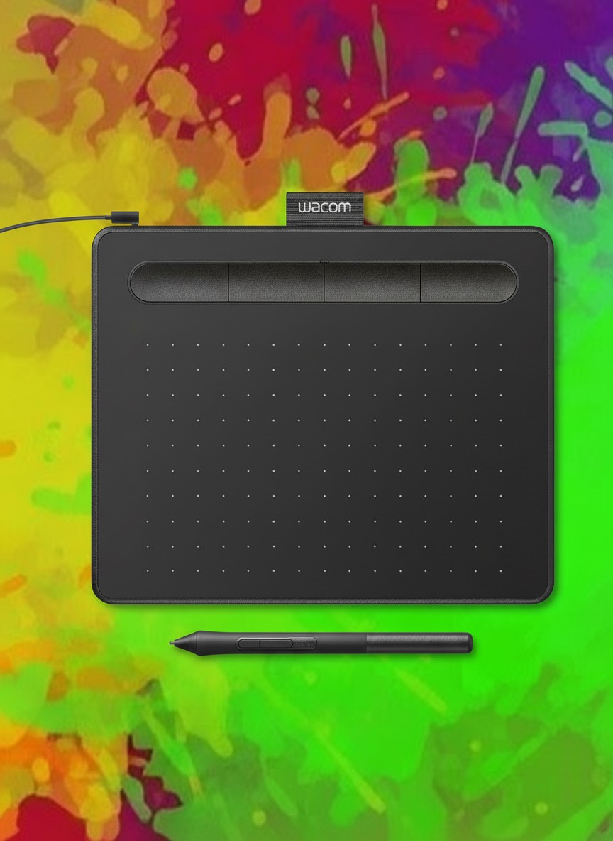 Black drawing tablets on colourful painted backgrounds
