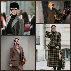 A multi-image collage of the country style trend at fashion week, featuring women wearing barn jackets, riding boots, trench coats, tartan, rain boots, and tweed blazers