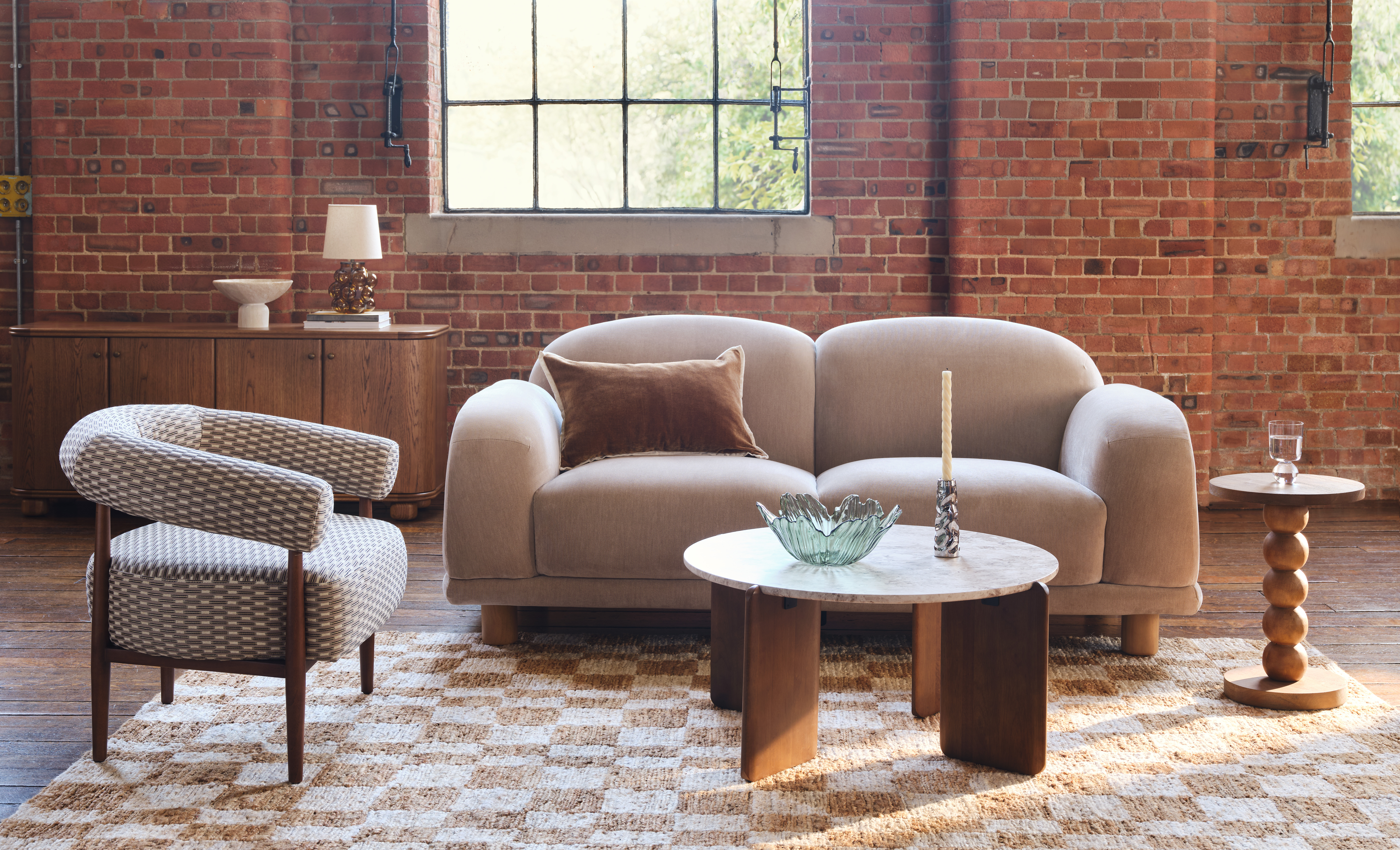 modern furniture on a checkerboard rug