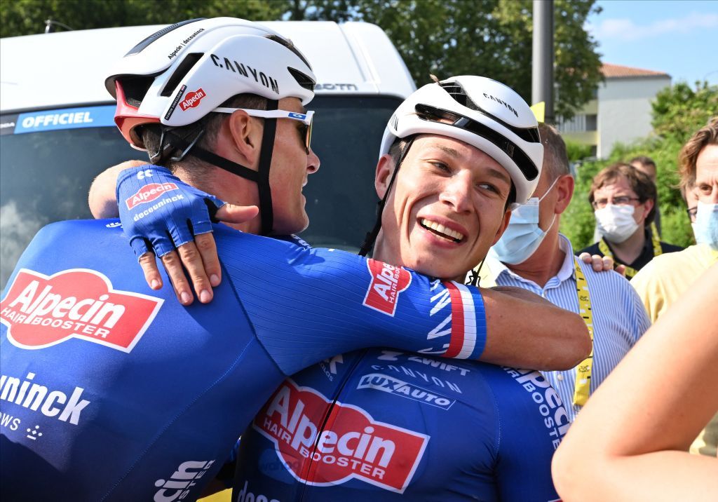 Dutch Mathieu van der Poel of AlpecinDeceuninck congratulates Belgian Jasper Philipsen of AlpecinDeceuninck after the third stage of the Tour de France cycling race a 1874 km race from AmorebietaEtxano to Bayonne France Monday 03 July 2023 This years Tour de France takes place from 01 to 23 July 2023 BELGA PHOTO POOL COR VOS Photo by POOL COR VOS BELGA MAG Belga via AFP Photo by POOL COR VOSBELGA MAGAFP via Getty Images
