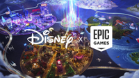 Disney logo and Epic Games logo on an image of a Disneyland-like world created in Unreal Engine