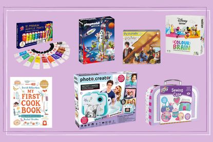 The best toys for 9 year olds on a purple background — including Harry Potter, a sewing kit and arts and crafts 
