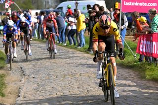 Wout van Aert on the attack during the 2023 edition of Paris-Roubaix