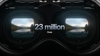 Apple Vision Pro screens shown inside the headset, with text reading '23 million pixels'