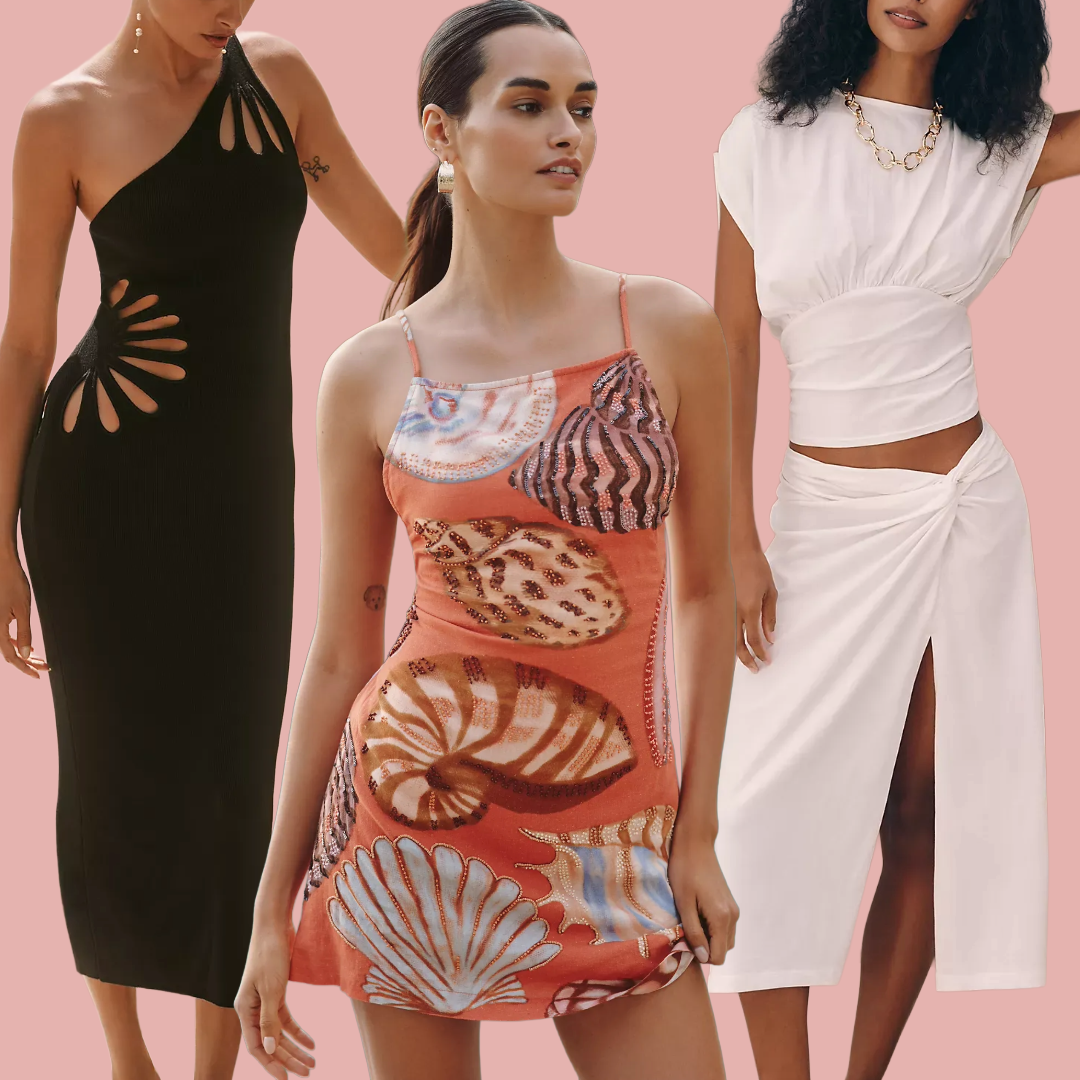 Collage of models wearing anthropologie resort wear clothes on light pink background