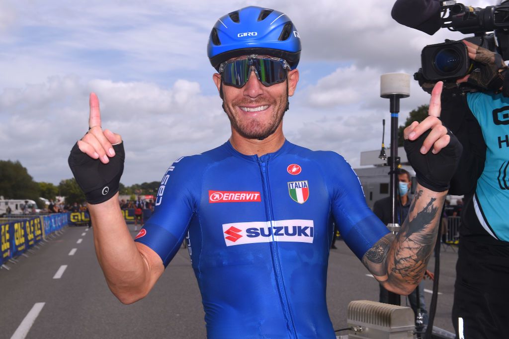 PLOUAY FRANCE AUGUST 26 Arrival Giacomo Nizzolo of Italy Celebration during the 26th UEC Road European Championships 2020 Mens Elite a 17745km race from Plouay to Plouay UECcycling EuroRoad20 on August 26 2020 in Plouay France Photo by Luc ClaessenGetty Images
