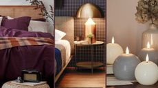 collage of three styling elements to show how to make a bedroom cosy with LED candles, warming layers and a warm toned lamp